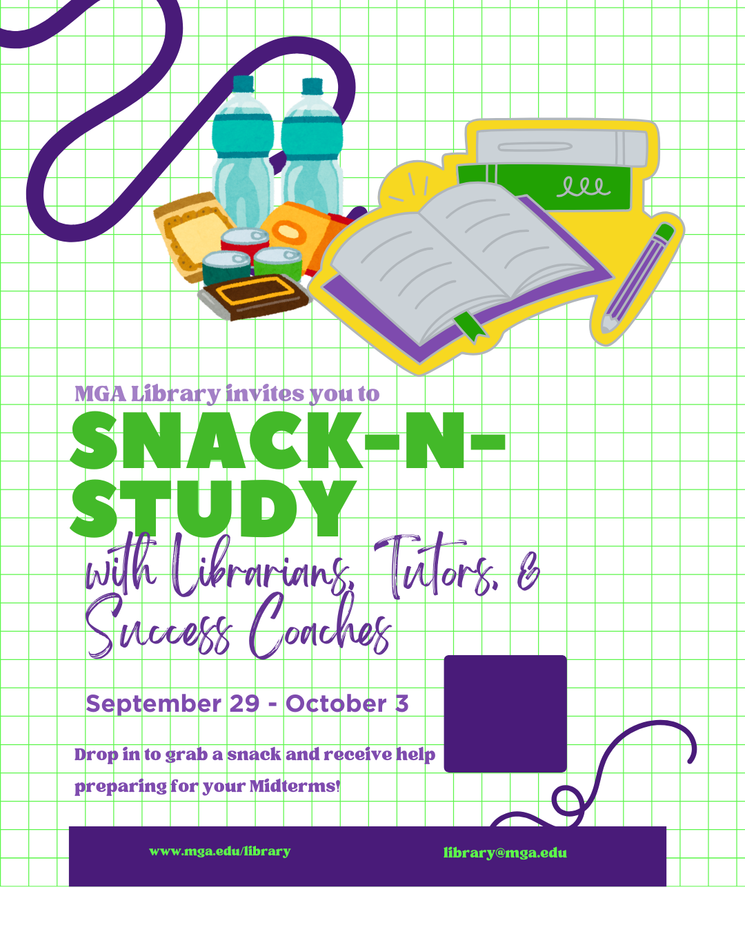 MGA libraries will host Midterms Snack-N-Study events September 29-October 3.